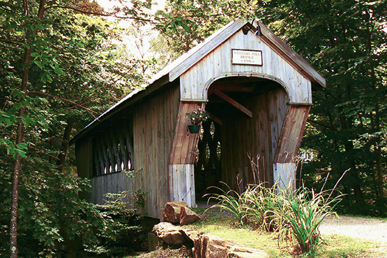 wooden covered bridge in the woods