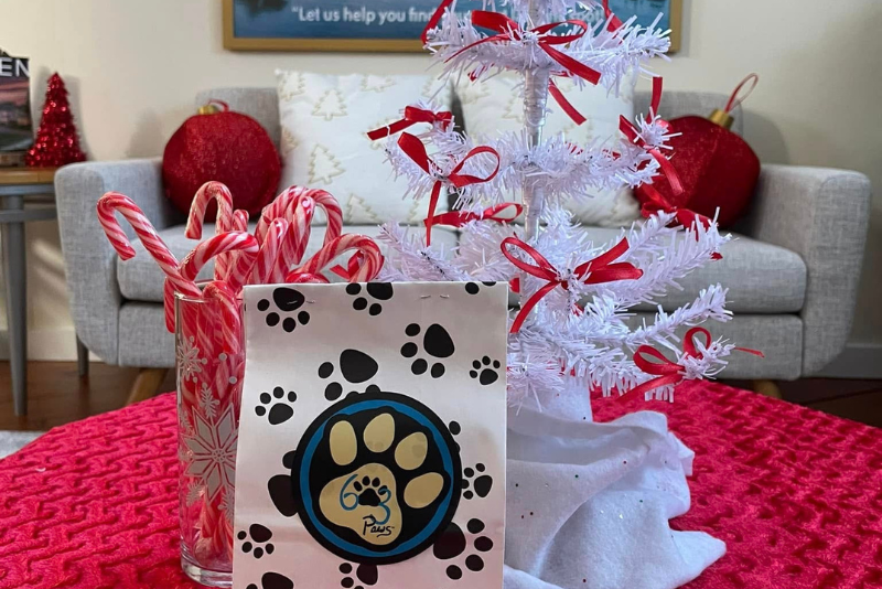 close-up of a holiday gift bag with a paw print on it over red tablecloth