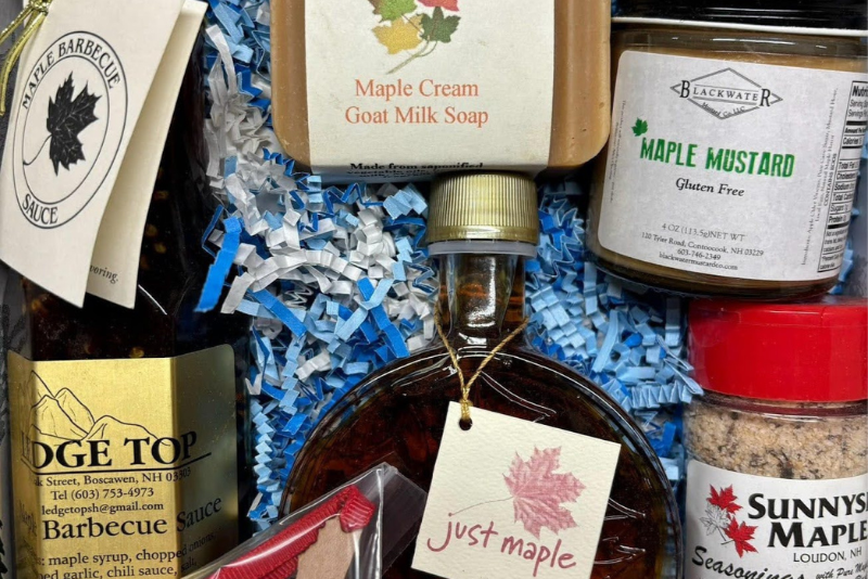 close up of several items in just maple's gift basket