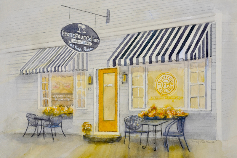 drawing depicting exterior of front four cellars winery, with black and white awnings and yellow door