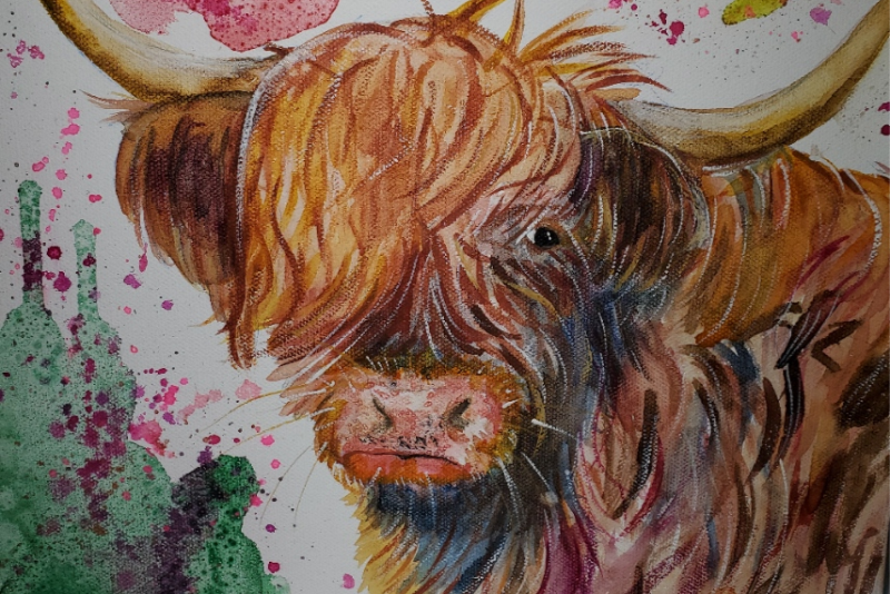 close-up to a painting of a bull on canvas