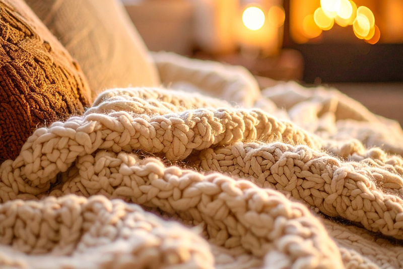 chunky knit blanket on couch with two pillows beside fireplace